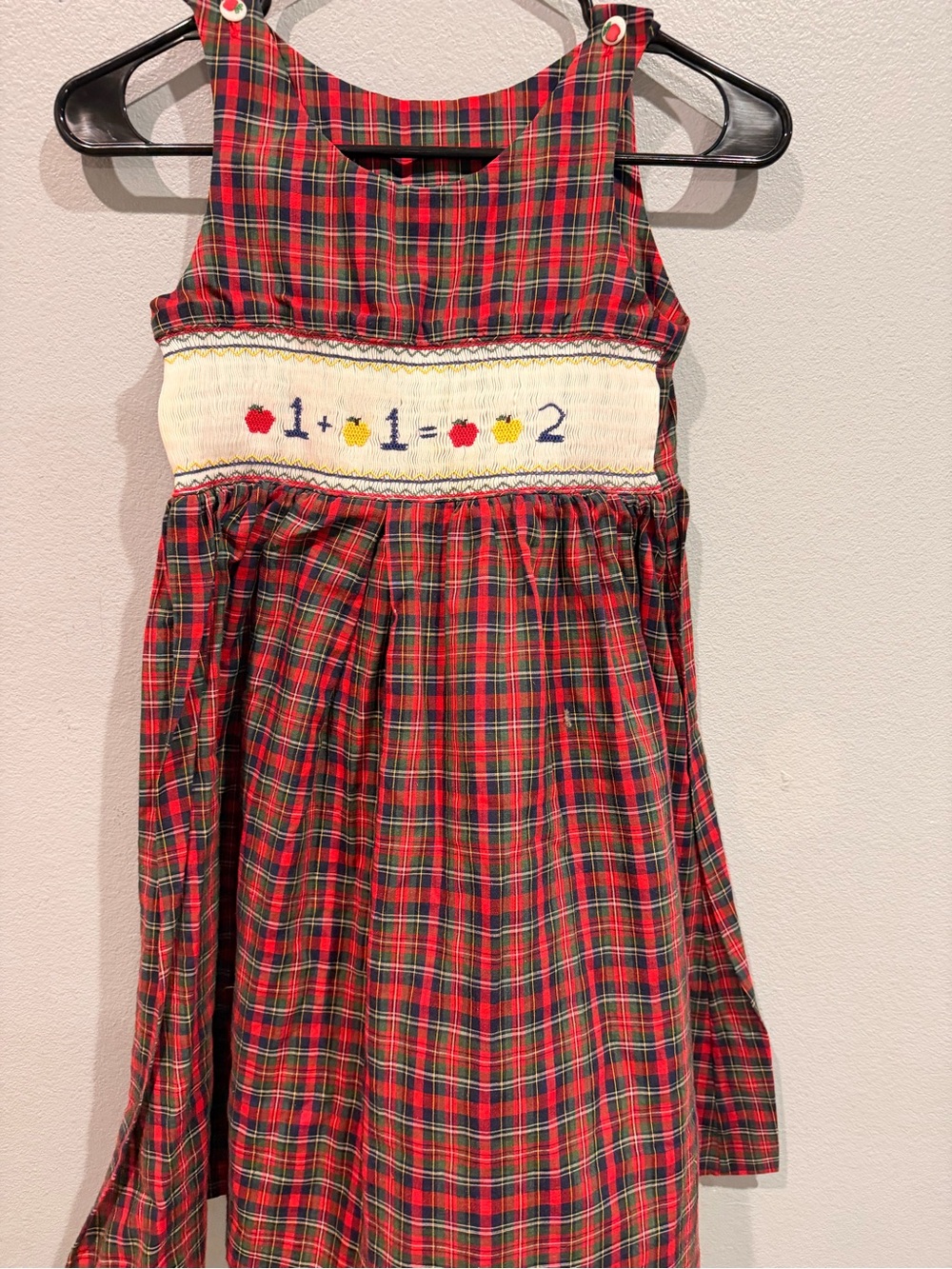 Tartan Smocked Red & Green Plaid Girls' Casual Dress with Apple Motif Buttons